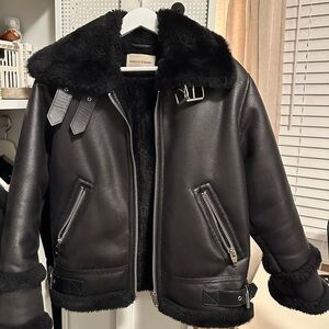 The Kooples Black Leather Jacket with Fur Trim